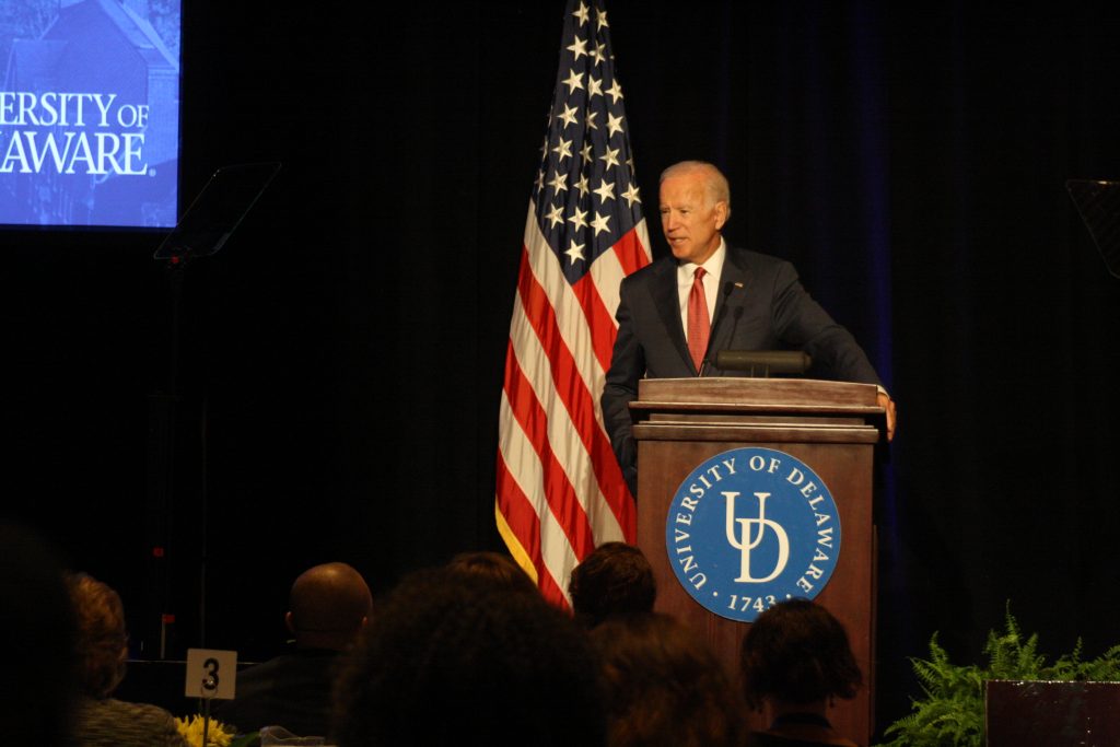 Former Vice President Joe Biden speaks at a Biden Institute conference on revitalizing the middle class at the University of Delaware. On Tuesday, the university announced it has named its public policy department in his honor. (Mark Eichmann/WHYY)