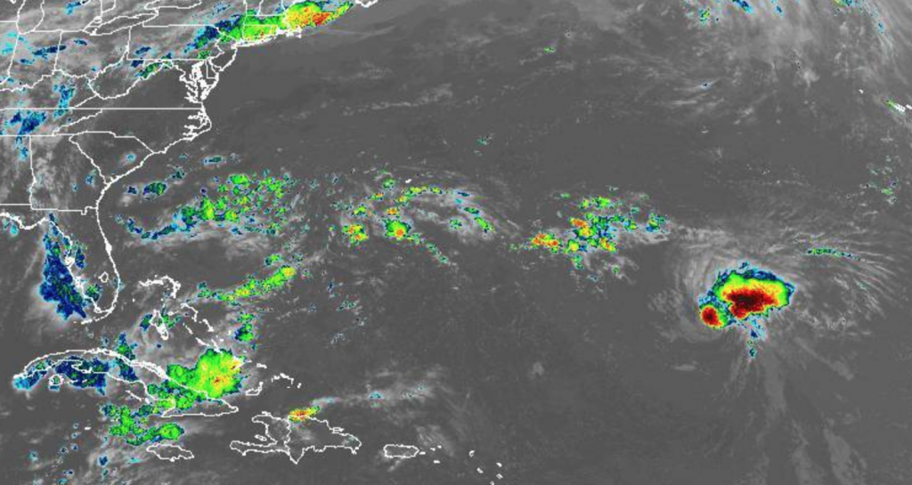 Screen Shot 2018-09-06 at 7.09.24 PM In this Thursday evening NOAA infrared satellite image, Hurricane Florence is in the lower right portion of the frame.