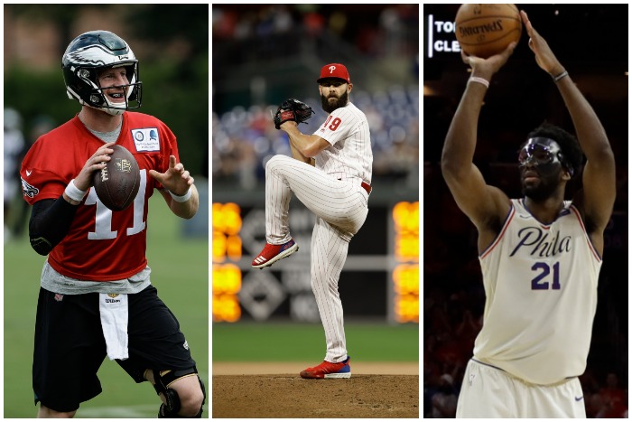 SportsEP from left to right: Carson Wentz, Jake Arrieta, Joel Embiid (AP)