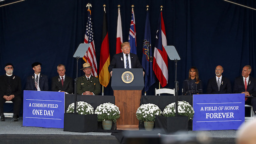 President Donald Trump speaks during the 9/11 Flight 93 memorial service in Shanksville, Pa., Tuesday. (AP Photo/Gene J. Puskar)