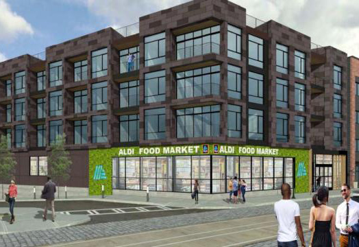 aldi-rendering-from-germantown A rendering of the development proposed for the intersection of Germantown Avenue and Hortter Street. (M Architects LLC — Morrissey Design LLC)