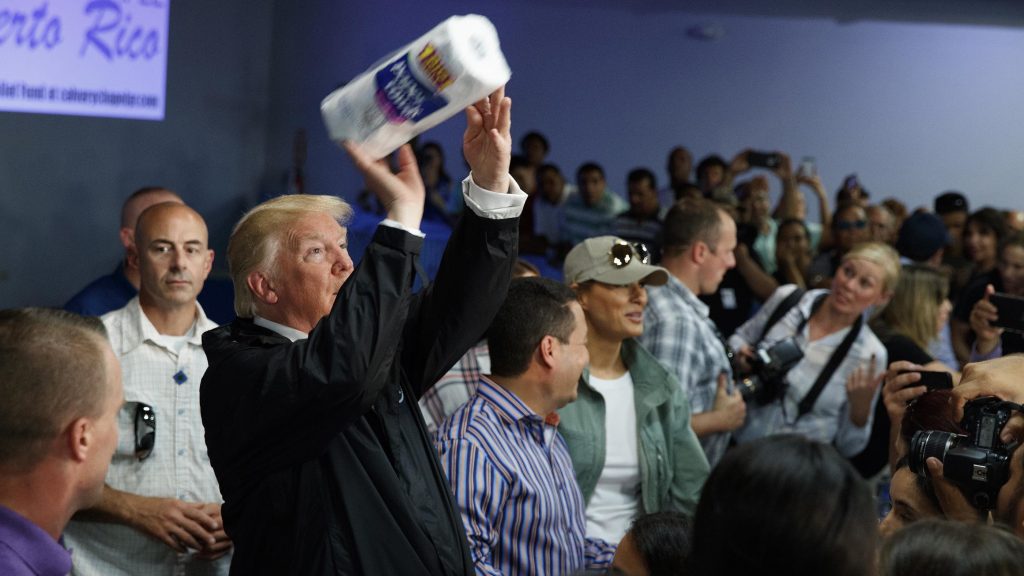 President Trump tosses paper towels into a crowd in Puerto Rico after Hurricane Maria hit the island in 2017. President Trump tosses paper towels into a crowd in Puerto Rico after Hurricane Maria hit the island in 2017.
(Evan Vucci/AP)