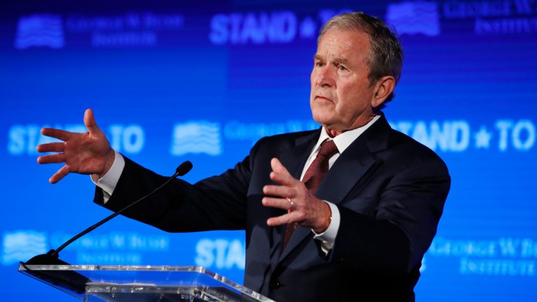 In this June 23, 2017 file photo, former President George W. Bush speaks during 