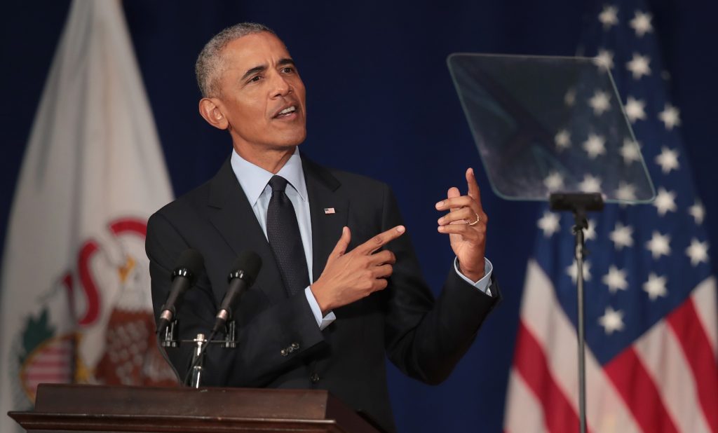 Former President Barack Obama speaks to students at the University of Illinois, where he accepted the Paul H. Douglas Award for Ethics in Government on Friday in Urbana. (Scott Olson/Getty Images)