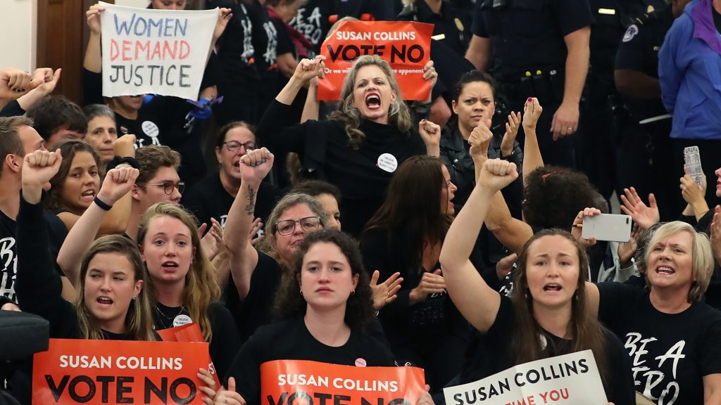 Protesters gather on Capitol Hill at the office of GOP Sen. Susan Collins of Maine to protest the nomination of Supreme Court nominee Judge Brett Kavanaugh. Protesters gather on Capitol Hill at the office of GOP Sen. Susan Collins of Maine to protest the nomination of Supreme Court nominee Judge Brett Kavanaugh.