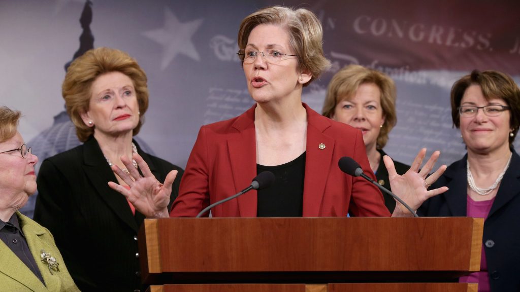 Former U.S. Sen. Barabara Mikulski (D-MD), U.S. Sen. Debbie Stabenow (D-MI), U.S. Sen. Elizabeth Warren (D-MA), U.S. Sen. Tammy Baldwin (D-WI) and U.S. Sen. Amy Klobuchar (D-MN) join other women Democratic senators for a news conference at the U.S. Capitol January 30, 2014. Former U.S. Sen. Barabara Mikulski (D-MD), U.S. Sen. Debbie Stabenow (D-MI), U.S. Sen. Elizabeth Warren (D-MA), U.S. Sen. Tammy Baldwin (D-WI) and U.S. Sen. Amy Klobuchar (D-MN) join other women Democratic senators for a news conference at the U.S. Capitol January 30, 2014. (Chip Somodevilla/Getty Images)