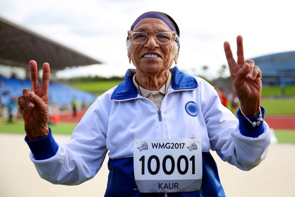 Man Kaur of India celebrates after competing in the 100-meter sprint in the 100+ age category at the World Masters Games in Auckland, New Zealand, in April 2017. Man Kaur of India celebrates after competing in the 100-meter sprint in the 100+ age category at the World Masters Games in Auckland, New Zealand, in April 2017. (Michael Bradley/AFP/Getty Images)