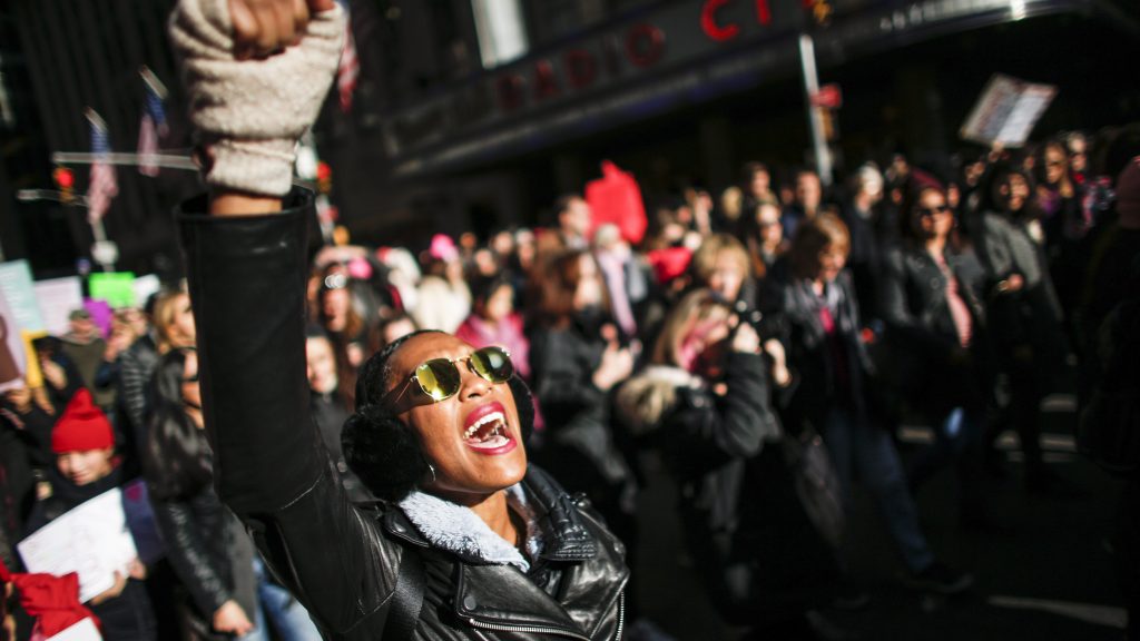 A woman shouts slogans during the Women’s March in New York City, January 20, 2018, as protestors took to the streets en masse across the United States. A woman shouts slogans during the Women's March in New York City, January 20, 2018, as protestors took to the streets en masse across the United States. (Kena Betancur/AFP/Getty Images)