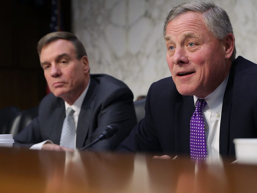 Senate Intelligence Committee Ranking Member Sen. Mark Warner, D-Va., (left) and Chairman Richard Burr, R-N.C. want answers from top leaders of Big Tech. Senate Intelligence Committee Ranking Member Sen. Mark Warner, D-Va., (left) and Chairman Richard Burr, R-N.C. want answers from top leaders of Big Tech. (Chip Somodevilla/Getty Images)