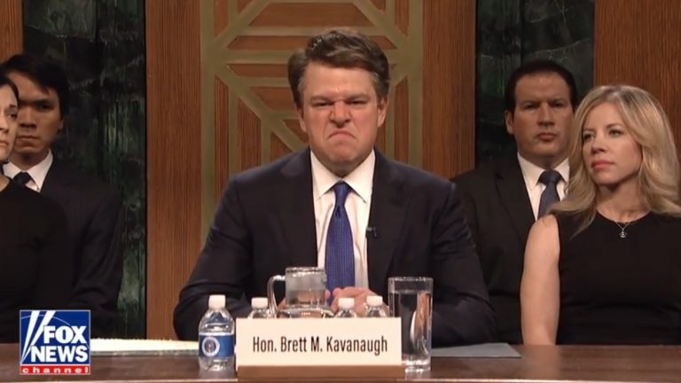 Matt Damon played Brett Kavanaugh on the 44th season opener of Saturday Night Live. (Saturday Night Live via YouTube/Screenshot by NPR)