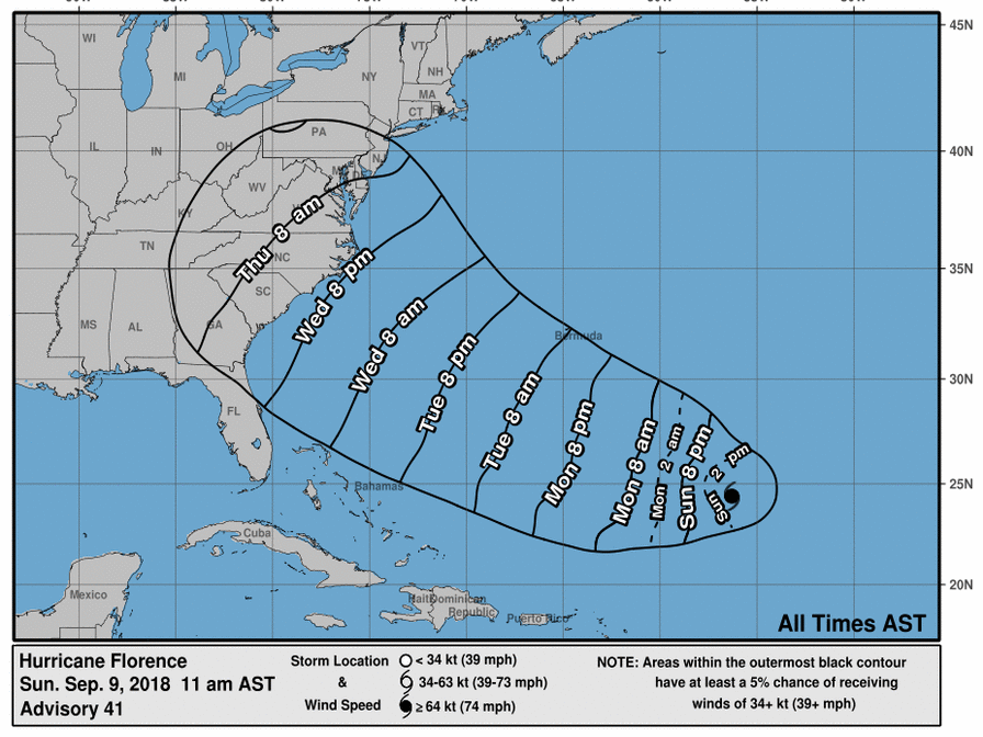 nhc-florence-84e450ef213020c3f1d63434d723940b133512b8 Florence, expected to approach arrive at the U.S. East Coast late this week, has just been named a hurricane. (Courtesy of the National Hurricane Center)