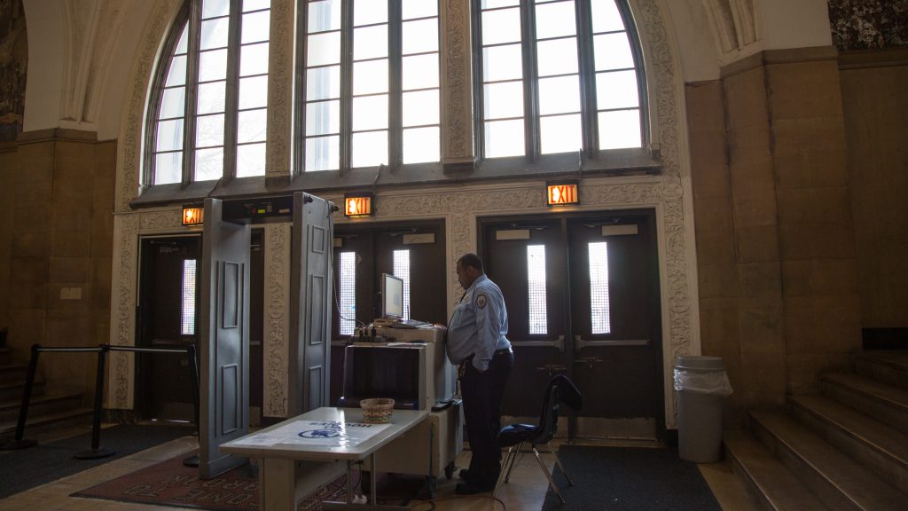 udhs-vs-ohs_cohen-34 A metal detector and an x-ray machine sit at the entrance of Overbrook High School in Philadelphia. (Emily Cohen for WHYY, file)
