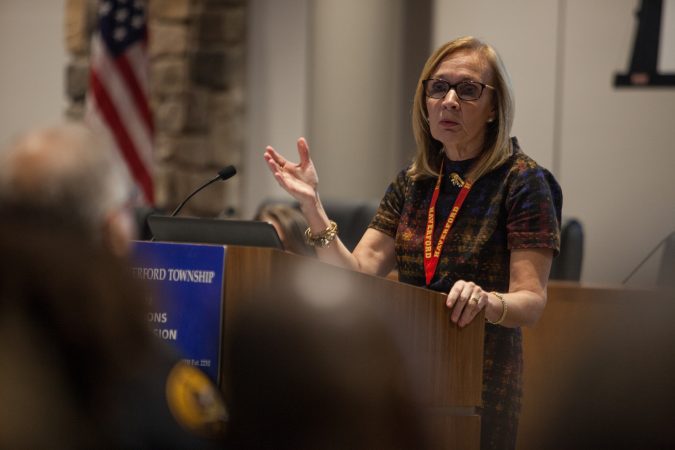 Dr. Maureen Reuchse, the Haverford Township Superintendent, addressed residents gathered together at the new Haverford Township Building. They met for a town hall to address racism and racial bias in the Haverford Township school district. (Emily Cohen for WHYY)