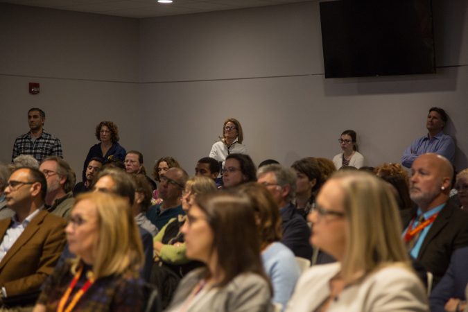 Residents gathered together at the new Haverford Township Building for a town hall meeting to address racism and racial bias in the Haverford Township school district. (Emily Cohen for WHYY)