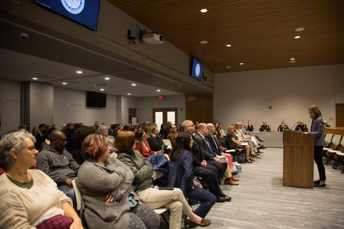 Residents gathered together at the new Haverford Township Building for a town hall meeting to address racism and racial bias in the Haverford Township school district. (Emily Cohen for WHYY)