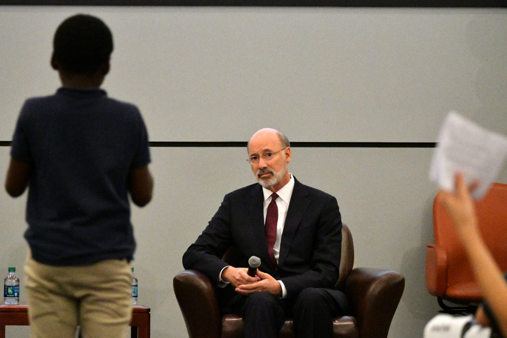 Governor Candidate Forum at SPD HQ Governor Tom Wolf listens to a question from a student at a forum at the School District of Philadelphia's headquarters (Bastiaan Slabbers for WHYY)
