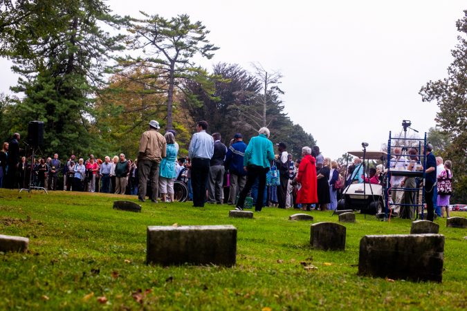 Attendees of a memorial service for the forgotten slaves buried on the grounds of Middletown Friends Meeting at Langhorne, Pa. on Saturday, Oct. 6, 2018. (Brad Larrison for WHYY)
