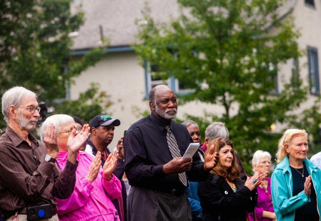 2018 10 06- b larrison- langhorne- memorial serivce for forgotten slaves buried at middletown meetinghouse -8 Attendees of a memorial service for the forgotten slaves buried on the grounds of Middletown Friends Meeting at Langhorne, Pa. on Saturday, Oct. 6, 2018. (Brad Larrison for WHYY)