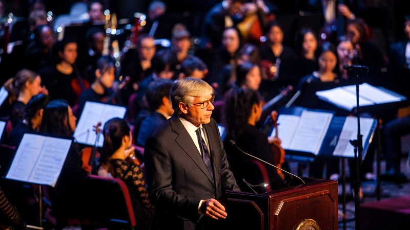 Lee C. Bollinger, president of Columbia University, speaks at a memorial service for the late H.F. 