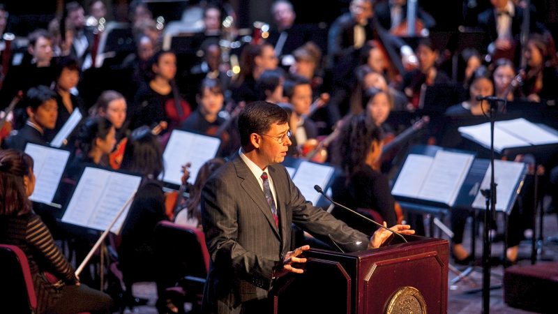 Roberto Diaz, president and CEO of the Curtis Insitute of Music, speaks at a memorial service for the late H.F. 