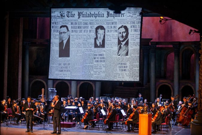 Terry Egger, CEO of Philadelphia Media Network, and Jim Friedlich, CEO of The Lenfest Institute for Journalism, speak at a memorial service for the late H.F. 
