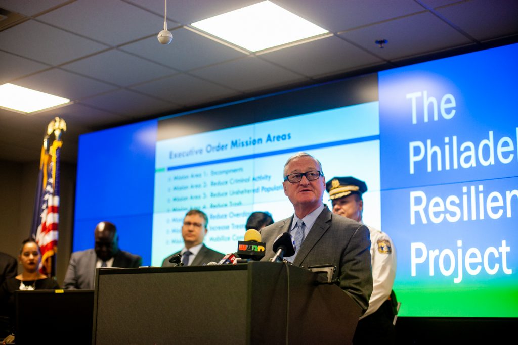Mayor Jim Kenney and city officials speak at a press conference on the city's emergency response to combat the opiod epidemic in Kensington and surrounding neighborhoods. (Brad Larrison for WHYY)