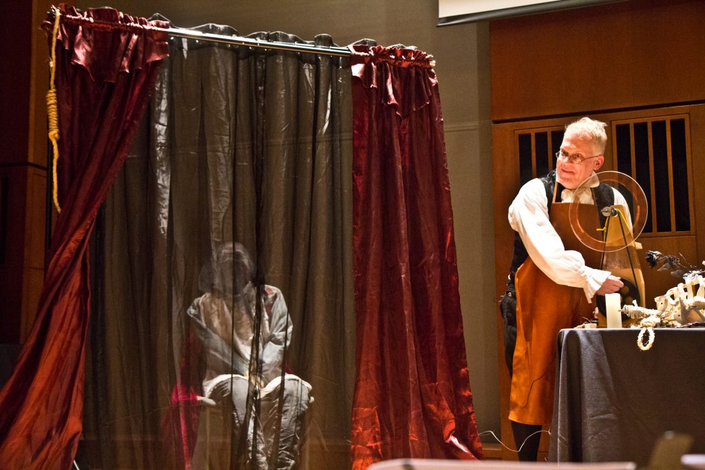 2018 10 23 k paynter science of frankenstein-5 Living historian Dean Howarth re-enacts science experiments that were performed on corpses that could have inspired Mary Shelley’s Frankenstein. (Kimberly Paynter/WHYY)