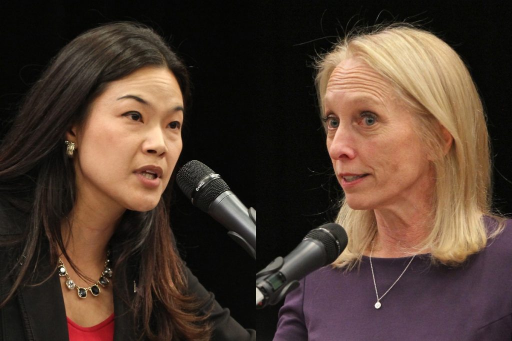 2018 10 25-e lee-pearl kim mary gay scanlon-media delaware county college-5th congressional debate Candidates for Pennsylvania's 5th Congressional District, Republican Pearl Kim (left) and Democrat Mary Gay Scanlon, square off during a debate at Delaware County Community College in Delaware. (Emma Lee/WHYY)