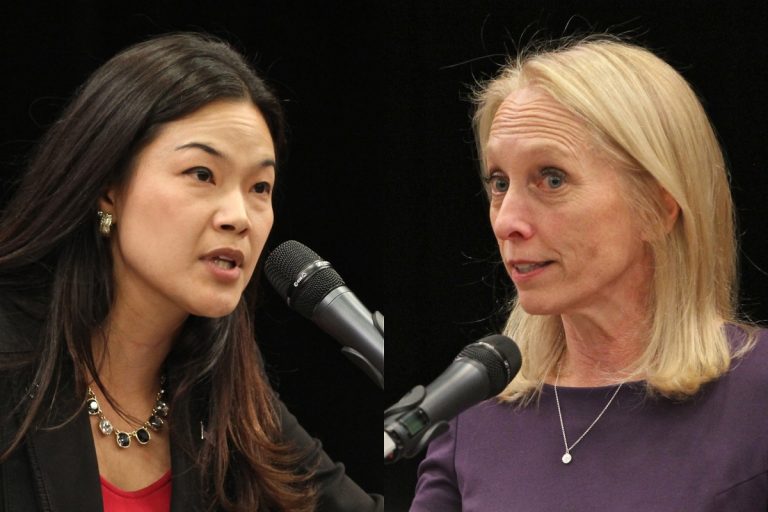 Candidates for Pennsylvania's 5th Congressional District, Republican Pearl Kim (left) and Democrat Mary Gay Scanlon, square off during a debate at Delaware County Community College in Delaware. (Emma Lee/WHYY)