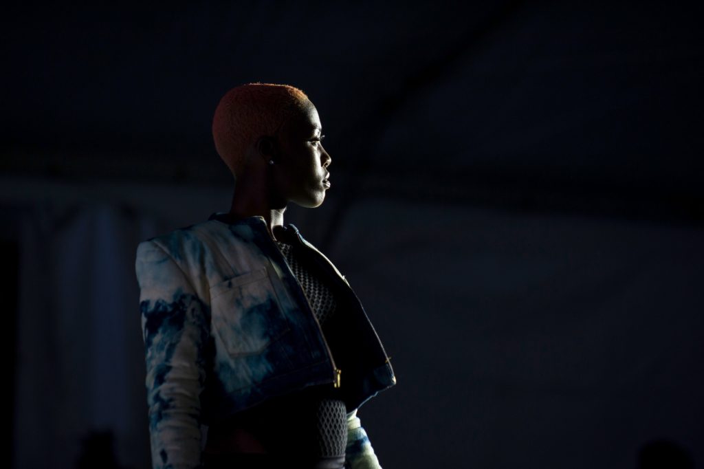 20180928_WHYY_Philly Fashion Week_D4_036 A model poses at the end of the runway during Philadelphia Fashion Week, held at Dilworth Park.