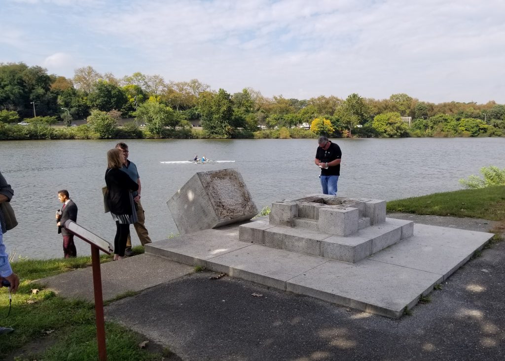 20181002_110030 Police are investigating after the statue of a Viking was toppled from its base along Philadelphia's Boathouse Row. (Tom MacDonald/WHYY)