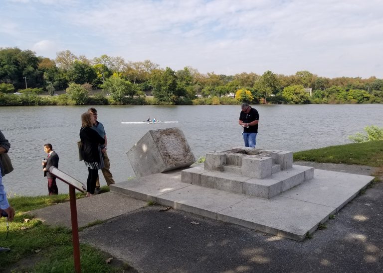 Police are investigating after the statue of a Viking  was toppled from its base along Philadelphia's Boathouse Row. (Tom MacDonald/WHYY)
