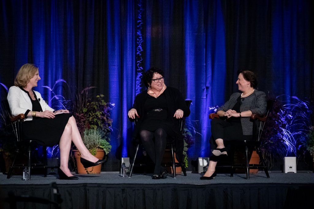 20181005_Sotomayor_Kagan_DJA_005 Elena Kagan '81, Sonia Sotomayor '76; moderator Heather gerken '91,She Roars Conference, Jadwin Gym. (Photo courtesy of Princeton University)