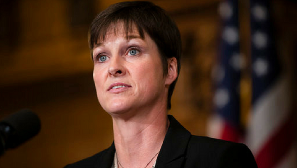 Teresa Miller speaks with members of the media during a news conference at the Pennsylvania Capitol in Harrisburg, Pa. (Matt Rourke/AP Photo)