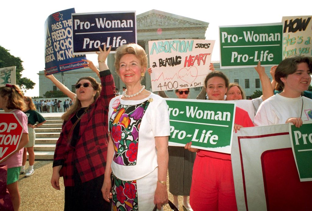 ANTI ABORTION PROTEST SCHLAFLY Anti-abortion demonstrators, including Phyllis Schlafly, foreground, rally at the U.S. Supreme Court in Washington, D.C., on June 29, 1992. The high court upheld most provisions of a restrictive Pennsylvania abortion law.