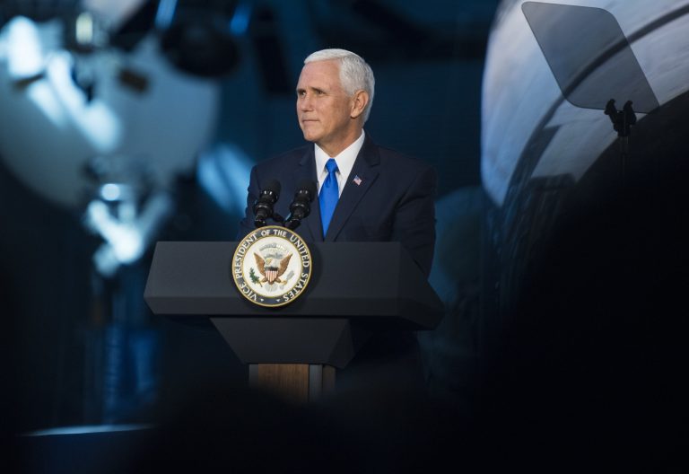 Vice President Mike Pence delivers opening remarks during the National Space Council's first meeting, Thursday, Oct. 5, 2017 at the Smithsonian National Air and Space Museum's Steven F. Udvar-Hazy Center in Chantilly, Va. (Joel Kowsky/NASA via AP)