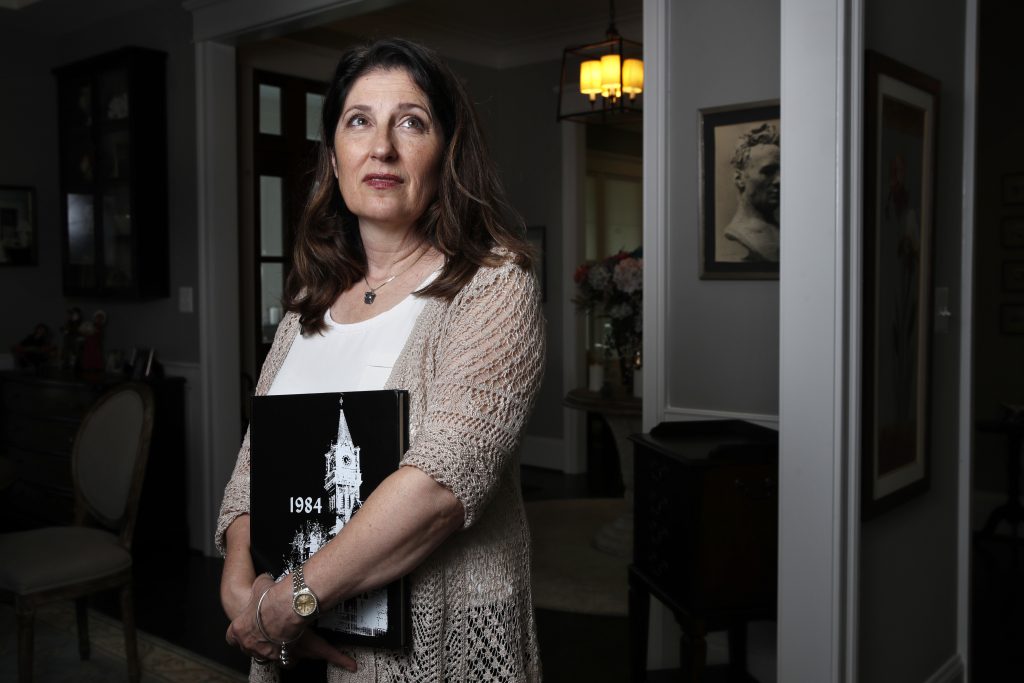 Ruth D-Eredita Ruth D'Eredita, poses for a portrait in her home in Vienna, Va., Friday, Oct. 5, 2018. D-Eredita graduated from Mount Holyoke College in 1984 and last October reported that a professor sexually assaulted her when she was a sophomore in college. Universities have seen an increase in decades-old sexual misconduct complaints amid the MeToo movement. (Jacquelyn Martin/AP Photo)