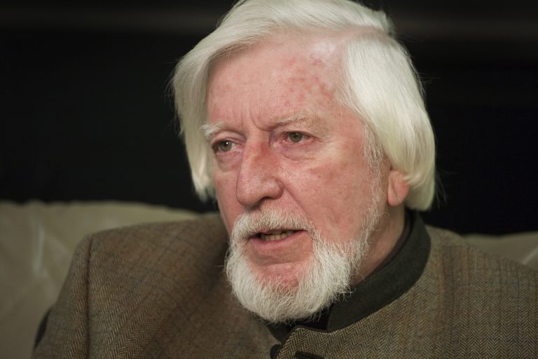 In this April 10, 2008, file photo puppeteer Caroll Spinney is interviewed during a break from taping an episode of 