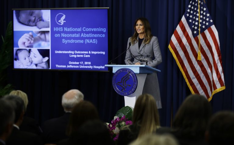 First lady Melania Trump speaks during a visit to Thomas Jefferson University Hospital in Philadelphia, Wednesday, Oct. 17, 2018. (Matt Rourke/AP Photo)