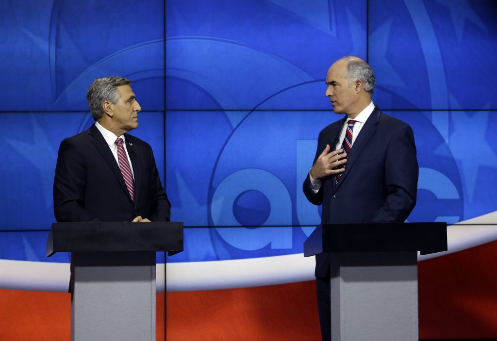 Bob Casey, Lou Barletta U.S. Sen.Bob Casey, D-PA, delivers his closing statement during a debate with Republican challenger U.S. Rep. Lou Barletta, Saturday Oct. 20, 2018, in the studio of WPVI-TV in Philadelphia. Casey, 58, of Scranton, is seeking a third six-year term. Barletta, 62, of Hazleton, is in his fourth term in Congress. (AP Photo/Jacqueline Larma)