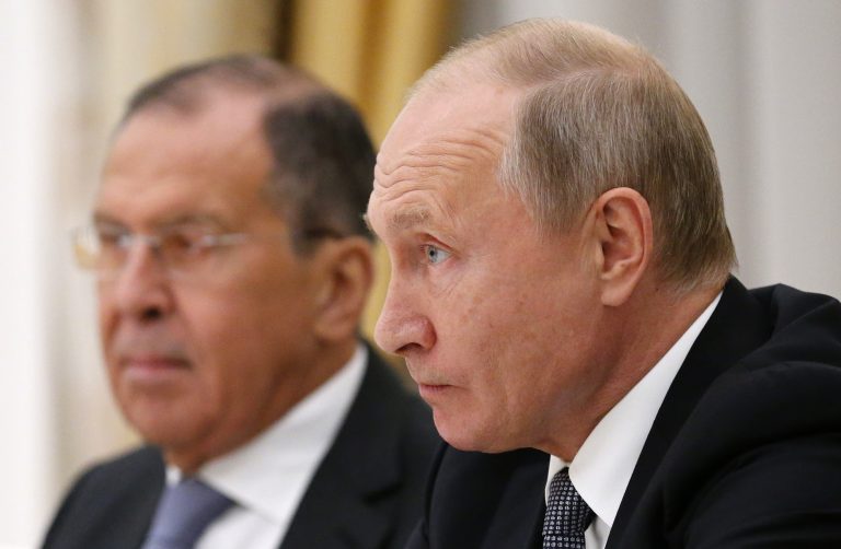 Russian President Vladimir Putin listens to U.S. National security adviser John Bolton during their meeting in the Kremlin in Moscow, Russia, Tuesday, Oct. 23, 2018, with Russian Foreign Minister Sergey Lavrov at left. (Alexander Zemlianichenko/AP Photo)