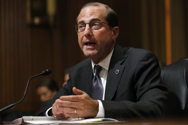 In this June 26, 2018 file photo, Health and Human Services Secretary Alex Azar speaks during a Senate Finance Committee hearing on Capitol Hill in Washington.  Azar says the number of drug overdose deaths has begun to level off after years of relentless increases driven by the opioid epidemic. But Azar cautioned in a speech Tuesday it’s too early to declare victory.  (Jacquelyn Martin/AP Photo)