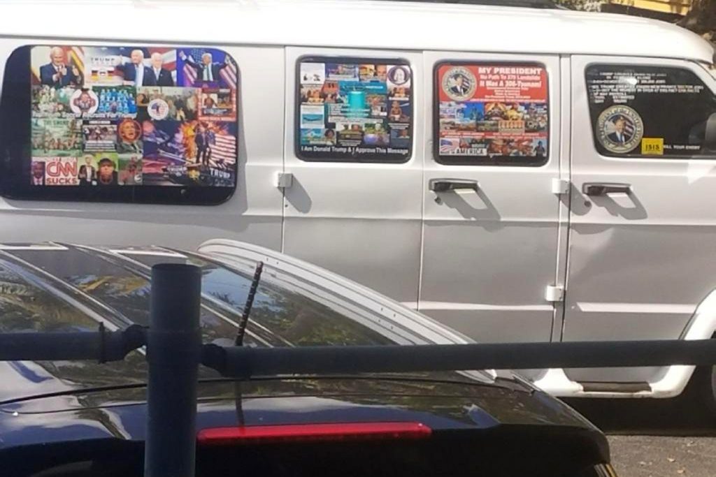 Explosive Devices This Nov. 1, 2017, photo shows a van with windows covered with an assortment of stickers in Well, Fla. Federal authorities took Cesar Sayoc into custody on Friday, Oct. 26, 2018, and confiscated his van, which appears to be the same one, at an auto parts store in Plantation, Fla., in connection with the mail-bomb scare that has targeted prominent Democrats from coast to coast. (Courtesy of Lesley Abravanel via AP)