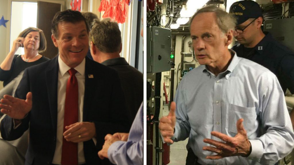 Arlett v carper Republican Rob Arlett (left) is challenging three-term U.S. Senator Tom Carper of Delaware. (Mark Eichmann/WHYY)