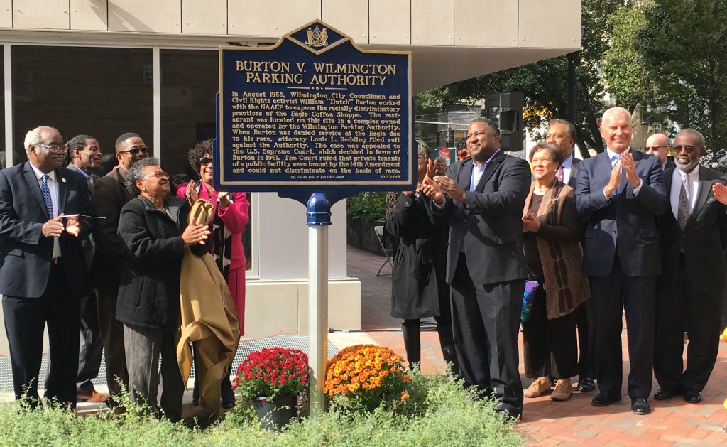 Burton Marker Members of Dutch Burton's family join city leaders in unveiling a historic marker commemorating Burton's fight against discrimination. (Mark Eichmann/WHYY)