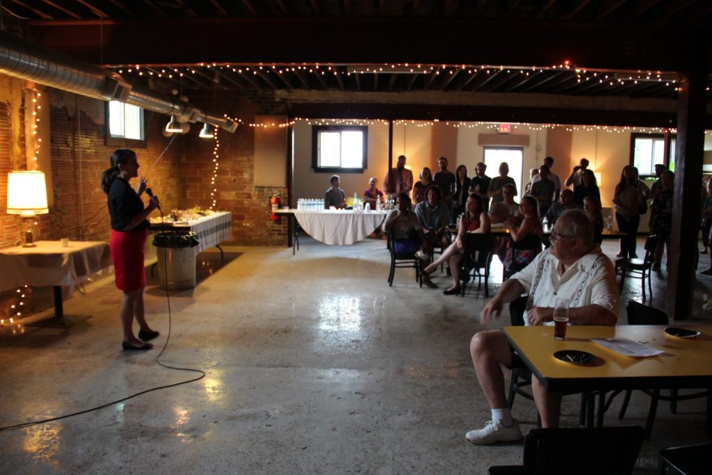 IMG_0288-1920×1280 Elizabeth Fiedler, a candidate for state representative in Philadelphia, speaking at a fundraiser for DSA candidates in Pittsburgh. (Reid R. Frazier/StateImpact Pennsylvania)