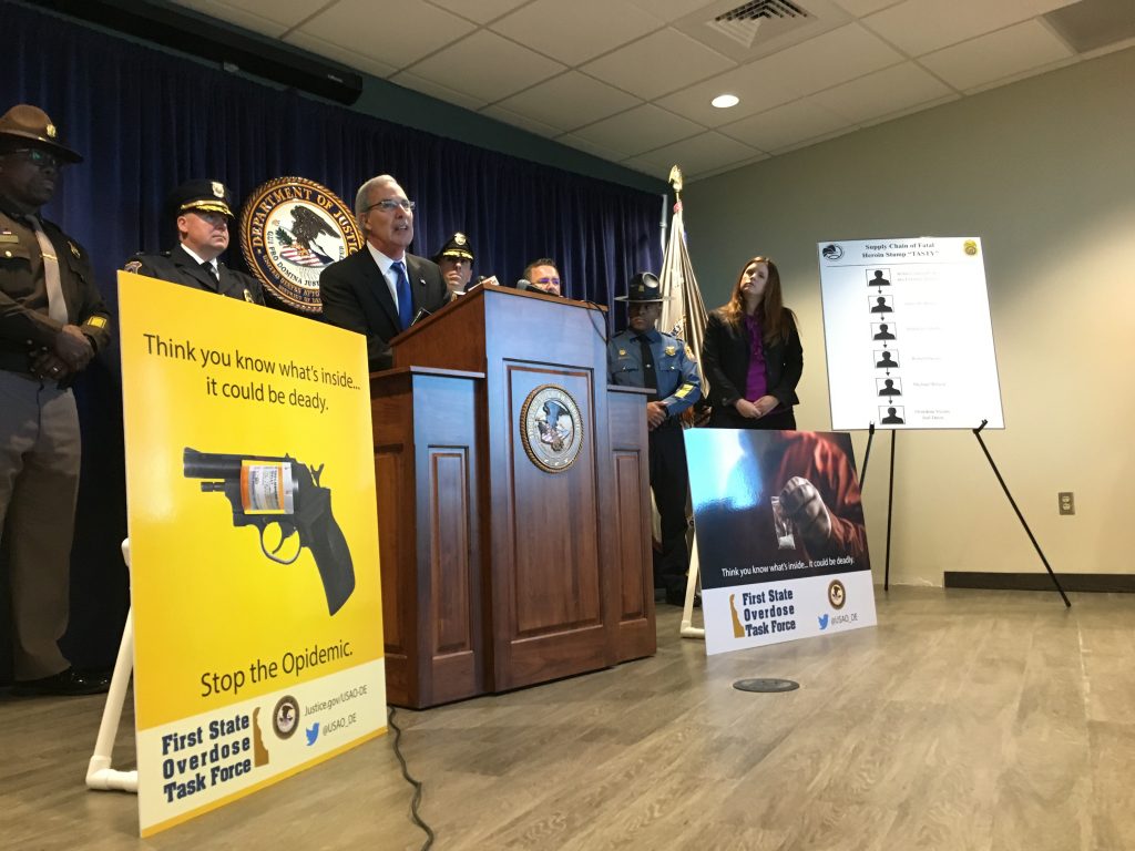IMG_1953 U.S. Attorney for Delaware David Weiss details a new task force led by the DEA to arrest and prosecute those who distribute heroin and fentanyl. (Mark Eichmann/WHYY)