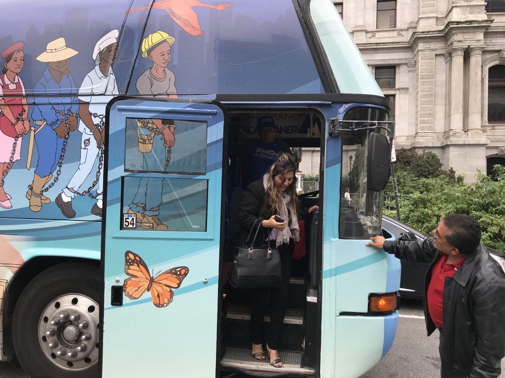 IMG_3574 The Journey for Justice bus visits Philadelphia Friday as part of a 50-city journey to raise awareness of the temporary protected status that's in danger of dissolution. (Laura Benshoff/WHYY)