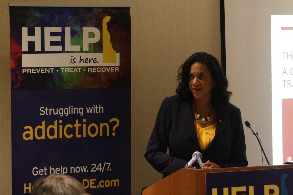 DHSS Kara Odom Walker Delaware's Department of Health and Social Services Secretary Kara Odom Walker outlines the state's new effort to connect victims of substance abuse with social services provided by the state. (Mark Eichmann/WHYY)