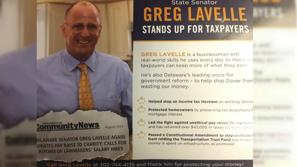 Lavelle ad Republican Delaware state Sen. Greg Lavelle says this campaign mailer from First State First PAC is an